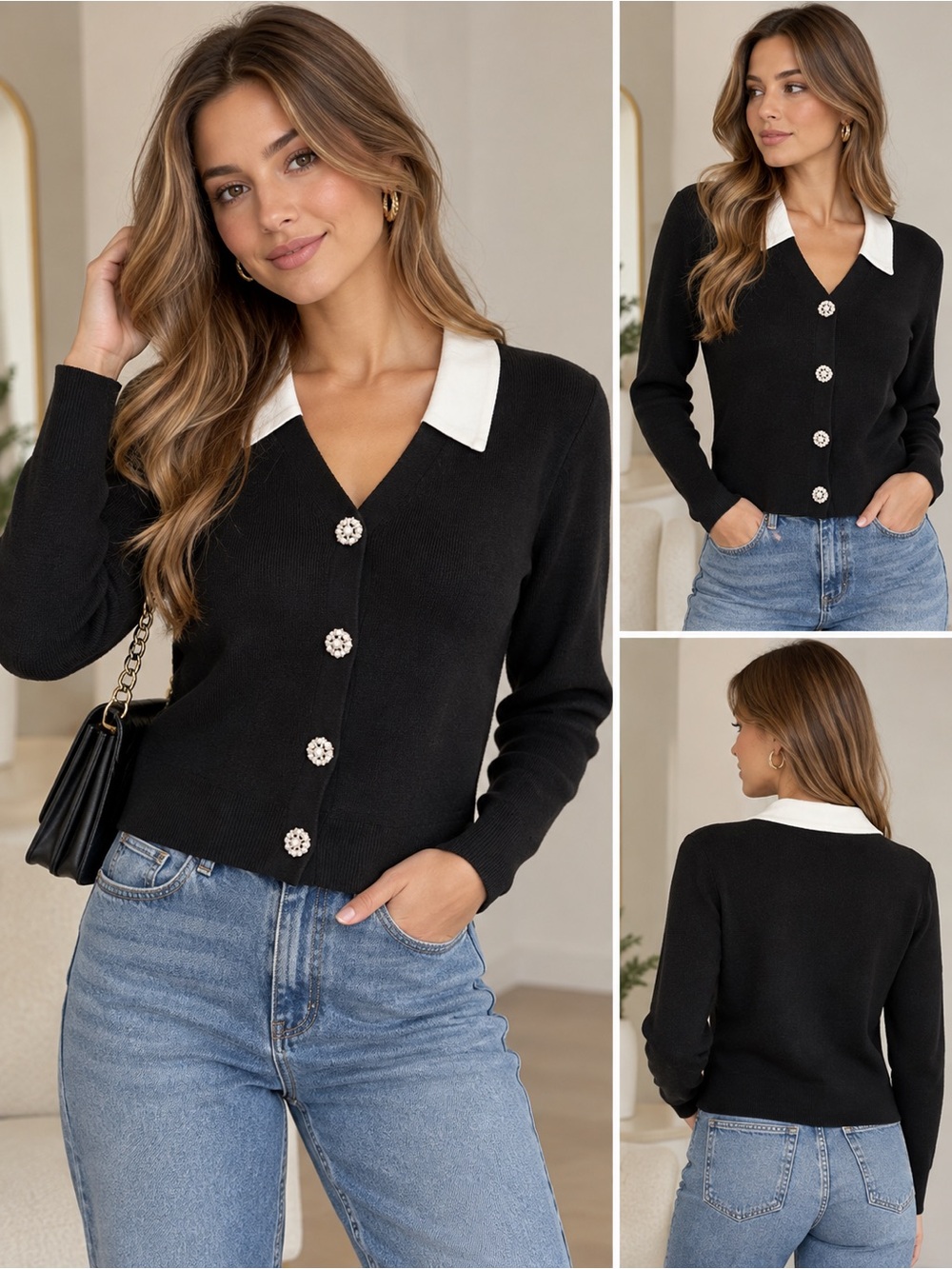 NWT Sioni Milano Black Cardigan White Collar Rhinestone Buttons Size M